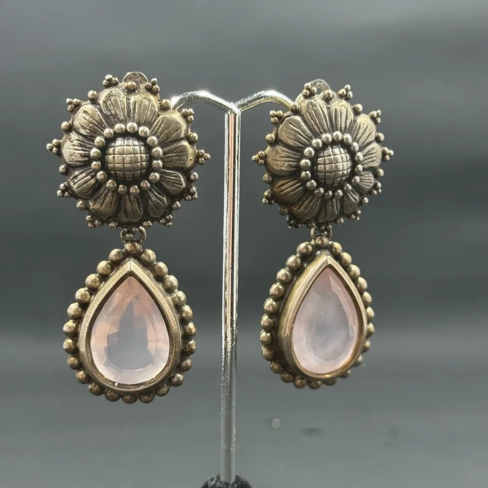 Stephen Dweck Sterling Silver Clip Earrings w/ Rose Quartz 2.25